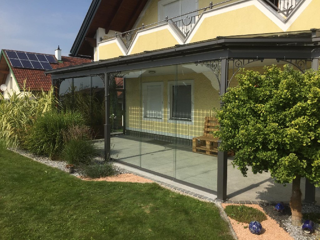 Überdachung, Glas, Stahl, Geflecht, Schiebeelemente